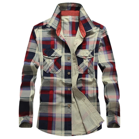 Heren Casual Katoen Ruitjes Overhemd Lange Mouw Losse Pasvorm Button-Down Werkhemd Met Dubbele Borstzakken Mode Borduurwerk Top