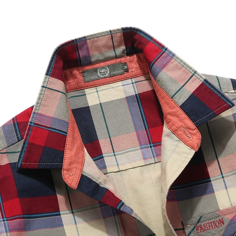 Heren Casual Katoen Ruitjes Overhemd Lange Mouw Losse Pasvorm Button-Down Werkhemd Met Dubbele Borstzakken Mode Borduurwerk Top