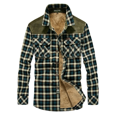 Camicia da Uomo Casual a Quadri Foderata in Pile Manica Lunga Giacca di Flanella Calda Con Fodera in Lana d'Agnello
