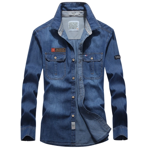 Men's Casual Long Sleeve Denim Shirt 100% Cotton Washed Button Down Shirt With Dual Pockets Outdoor Workwear Top For Men