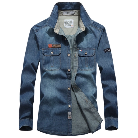 Men's Casual Long Sleeve Denim Shirt 100% Cotton Washed Button Down Shirt With Dual Pockets Outdoor Workwear Top For Men