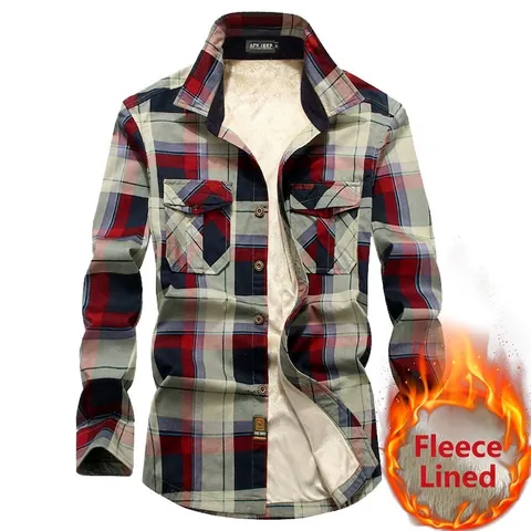 Herren Kariertes Langarmhemd Fleece Gefüttert Warm Winter Casual Button Down Workwear Stil Doppel Taschen Baumwolle Top