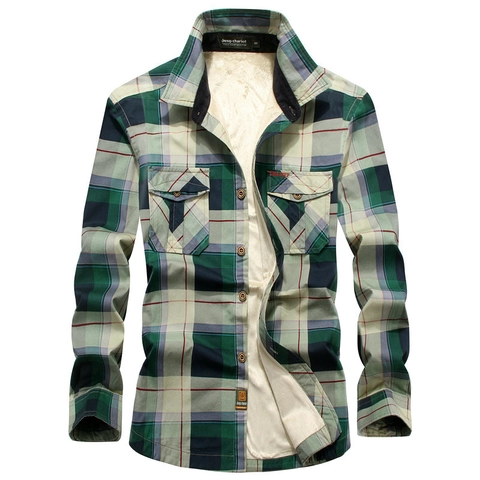 Herren Kariertes Langarmhemd Fleece Gefüttert Warm Winter Casual Button Down Workwear Stil Doppel Taschen Baumwolle Top
