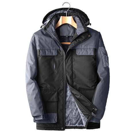 Giacca da Uomo Invernale da Esterno con Fodera in Pile Cappuccio Rimovibile Antivento Impermeabile Parka Spessa Splicing Sportivo