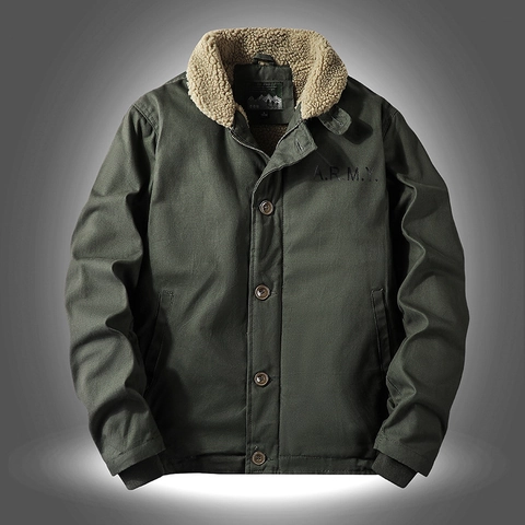 Men Winter Heavyweight Cotton Canvas Jacket With Sherpa Fleece Collar Warm Military Workwear Coat Army Letter Embroidery Outerwear For Men