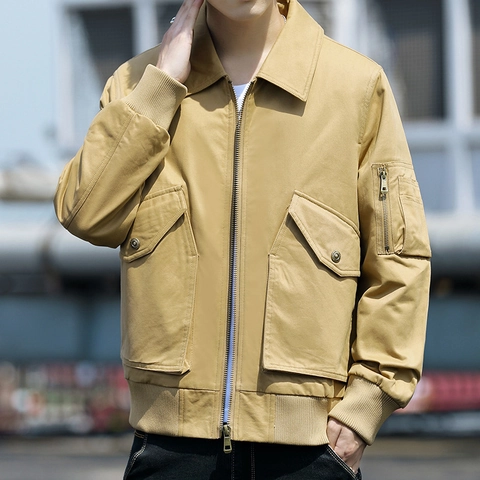 Chaqueta de Trabajo Casual de Algodón para Hombre Cuello Solapa Cremallera Multibolsillos Abrigo Bomber para Otoño Primavera Ropa de Hombre