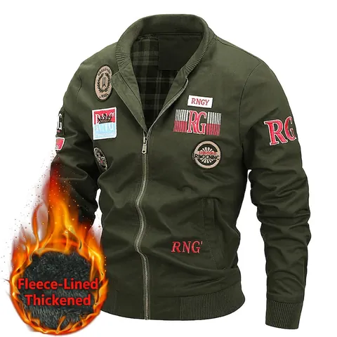 Men's Fleece Lined Thickened Bomber Jacket Military Cotton Embroidery Stand Collar Casual Outdoor Winter Coat