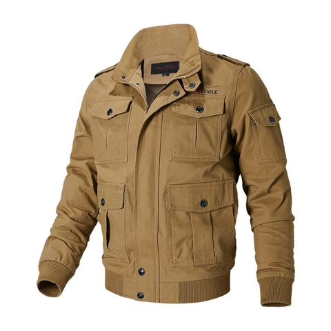 Men's Military Cargo Jacket Multi-Pocket Cotton Stand Collar Loose Fit Outdoor Workwear Windbreaker Casual Pilot Flight Coat