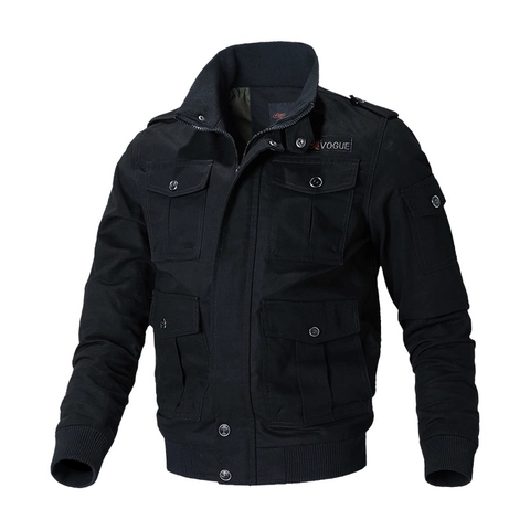 Men's Military Cargo Jacket Multi-Pocket Cotton Stand Collar Loose Fit Outdoor Workwear Windbreaker Casual Pilot Flight Coat