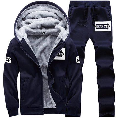 Men Fleece Lined Hooded Sweatshirt Suit Thick Warm Winter Polyester Two Piece Set Casual Sporty Letter Print Tracksuit