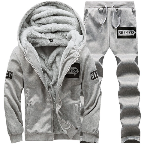 Men Fleece Lined Hooded Sweatshirt Suit Thick Warm Winter Polyester Two Piece Set Casual Sporty Letter Print Tracksuit