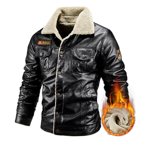 Veste en Cuir PU Doublée Polaire pour Hommes Col en Fausse Laine d'Agneau Chaud Manteau Moto Hiver Multi-poches Extérieur