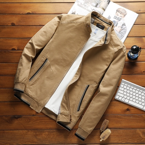 Giacca da Uomo Casual con Collo in Piedi in Misto Cotone Lavato Leggero Antivento Capispalla Cappotto con Rifiniture a Righe