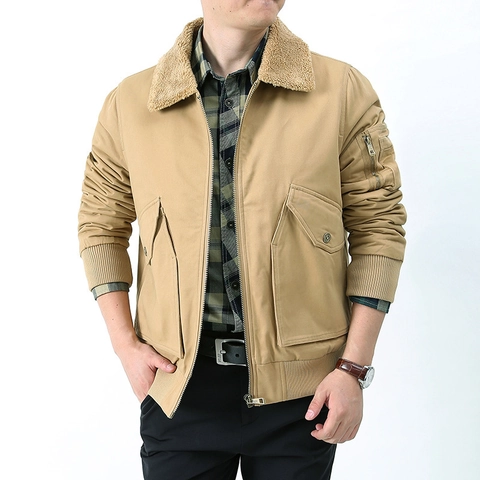 Giacca Bomber da Uomo Foderata in Pile Con Colletto in Sherpa Cotone Pesante Lavato Giacca da Volo per Inverno Outdoor Workwear Stile Militare Cappotto Caldo