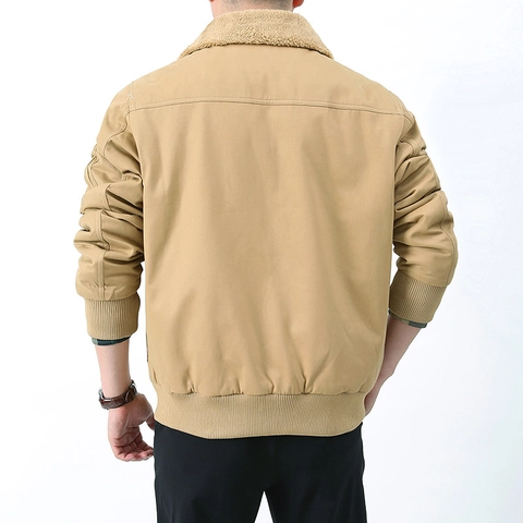 Giacca Bomber da Uomo Foderata in Pile Con Colletto in Sherpa Cotone Pesante Lavato Giacca da Volo per Inverno Outdoor Workwear Stile Militare Cappotto Caldo