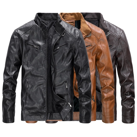 Men's Fashion Stand Collar PU Leather Jacket Fleece Lined Slim Fit Motorcycle Biker Coat Windproof Outerwear For Autumn Winter
