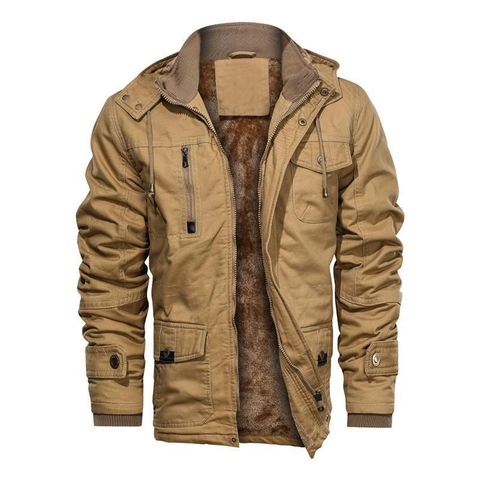 Chaqueta Con Capucha Forrada de Felpa para Hombre Ropa de Trabajo Aire Libre Multibolsillos Cortavientos Abrigo de Algodón Militar Casual Parka