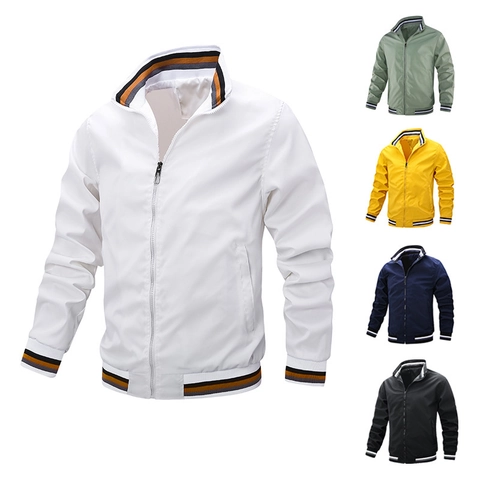 Chaqueta Bomber de Poliéster para Hombre Cuello Alto Resistente al Viento Casual Deportivo Abrigo con Ribete de Rayas Piloto