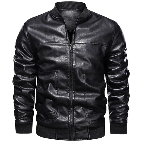 Chaqueta de Cuero PU para Hombre Con Forro Polar Chaqueta Bomber de Moto Casual Invierno Cálido Resistente al Viento Cuello Alto
