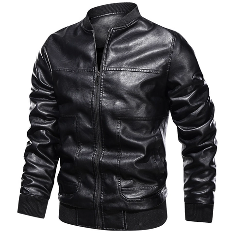 Chaqueta de Cuero PU para Hombre Con Forro Polar Chaqueta Bomber de Moto Casual Invierno Cálido Resistente al Viento Cuello Alto
