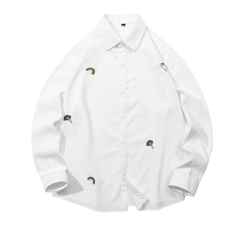 Heren Japanse Streetwear Geborduurd Overhemd Lange Mouwen Loose Fit Casual Regenboog Bliksem Wolk Patroon Omslagkraag Top