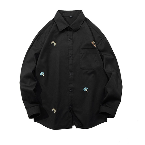 Heren Japanse Streetwear Geborduurd Overhemd Lange Mouwen Loose Fit Casual Regenboog Bliksem Wolk Patroon Omslagkraag Top
