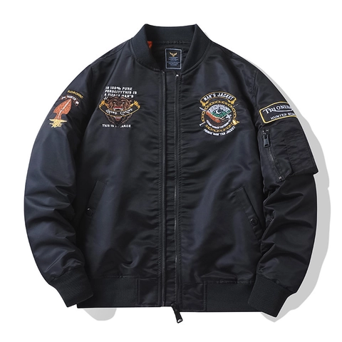 Men's Military Bomber Jacket Windproof Nylon Coat With Bear Head Embroidery Patches Ribbed Cuffs Streetwear For Men