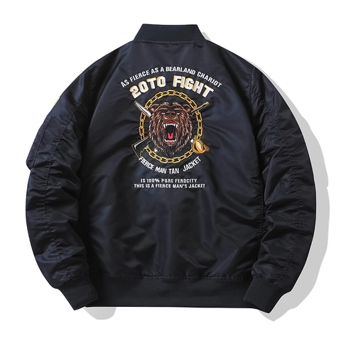 Men's Military Bomber Jacket Windproof Nylon Coat With Bear Head Embroidery Patches Ribbed Cuffs Streetwear For Men
