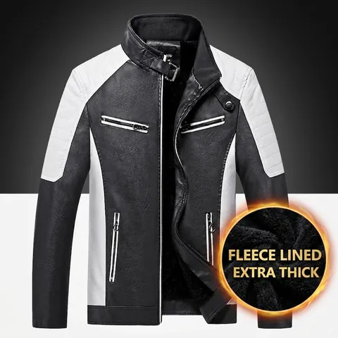 Herren PU-Lederjacke Fleece Gefüttert Wintermantel Stehkragen Farbblock Motorrad Biker Oberbekleidung Slim Fit Casual Top