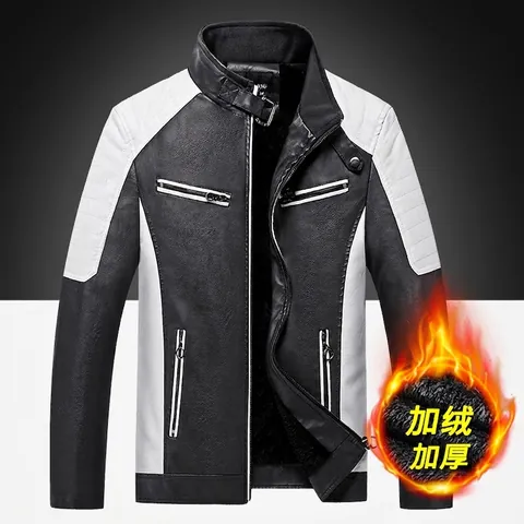 Ανδρικό Δερμάτινο Μπουφάν PU Με Επένδυση Fleece Χειμερινό Παλτό Όρθιος Γιακάς Color Block Μπουφάν Μοτοσικλέτας Slim Fit Casual Top
