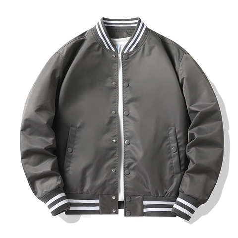 Men's Casual Bomber Jacket Nylon Shell Polyester Lining Plus Size Flight Jacket Striped Ribbed Trim Snap Front Varsity Coat