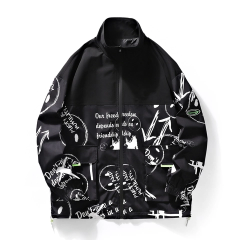 Veste Streetwear pour Hommes Imprimé Graffiti Coupe-vent Polyester Col Montant Bloc de Couleur Décontracté pour Jeunes Style Hip Hop