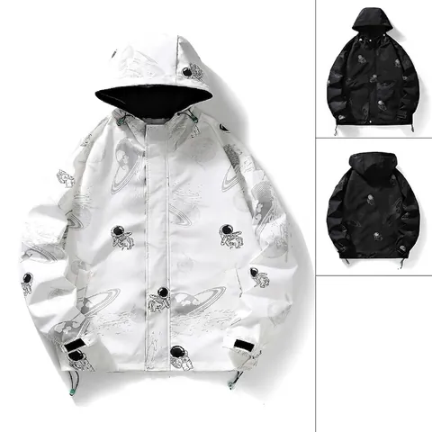 Men's Windproof Hooded Jacket Astronaut Space Planet All Over Print Streetwear Loose Fit Windbreaker Coat For Travel Casual Outerwear