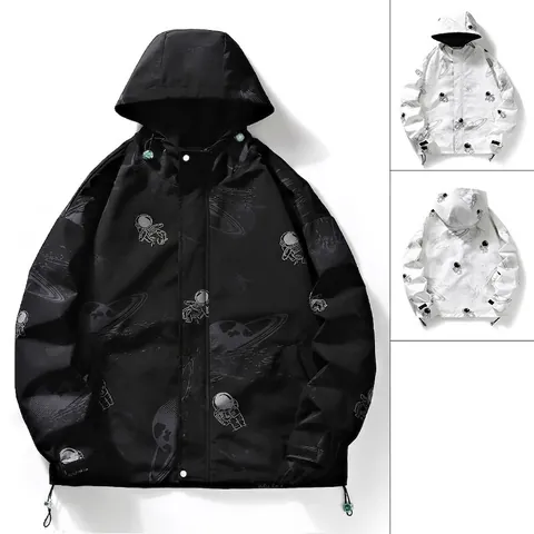 Men's Windproof Hooded Jacket Astronaut Space Planet All Over Print Streetwear Loose Fit Windbreaker Coat For Travel Casual Outerwear