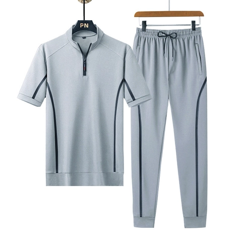 Herren Casual Set Acetatfaser Stehkragen Halber Reißverschluss Kurzarm Top Und Kordelzug Lange Hose Sportlicher Trainingsanzug