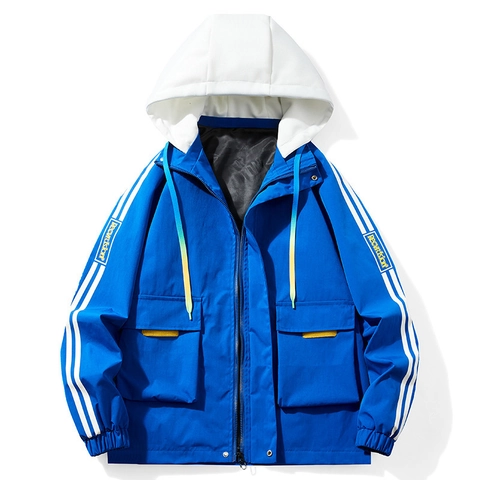 Veste à Capuche pour Homme en Polyester Couleur Contrastée Capuche Amovible Manches à Rayures Poche Cargo Décontracté Coupe-vent