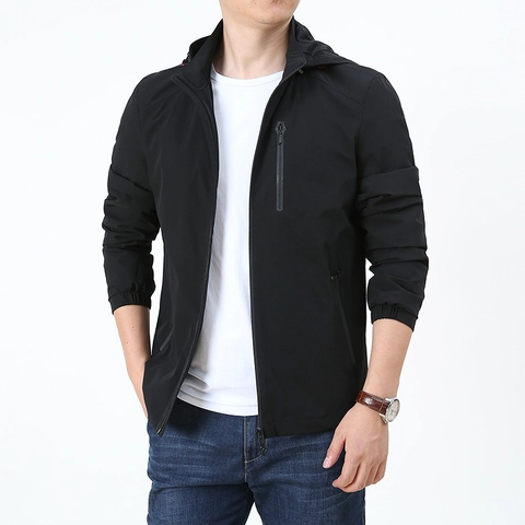 Men Casual Hooded Jacket Lightweight Windbreaker Thin Spring Autumn Outerwear Zip Up Jacket For Men Solid Color Loose Fit