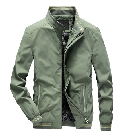 Men's Polyester Casual Windbreaker Jacket Stand Collar Striped Rib Trim Full Zip Lightweight Outerwear Solid Color Coat