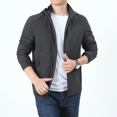 Men Casual Hooded Jacket Lightweight Windbreaker Thin Spring Autumn Outerwear Zip Up Jacket For Men Solid Color Loose Fit