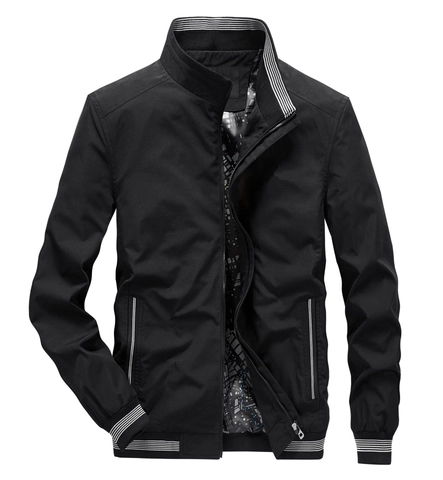 Men's Polyester Casual Windbreaker Jacket Stand Collar Striped Rib Trim Full Zip Lightweight Outerwear Solid Color Coat