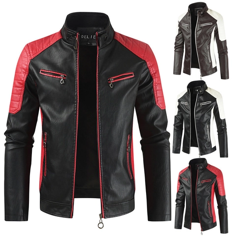 Men's Cowhide Leather Motorcycle Jacket Stand Collar Contrast Color Block Slim Fit Biker Coat With Zipper Pockets Warm Outwear