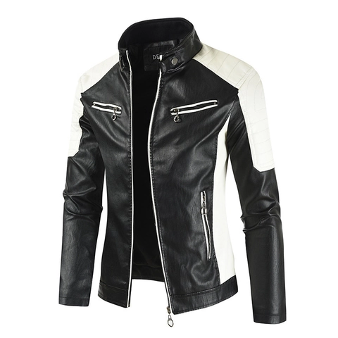Men's Cowhide Leather Motorcycle Jacket Stand Collar Contrast Color Block Slim Fit Biker Coat With Zipper Pockets Warm Outwear
