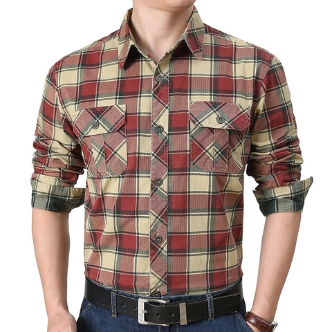 Chemise à Carreaux à Manches Longues Décontractée pour Hommes Mélange de Coton Style Workwear avec Doubles Poches Coupe Régulière