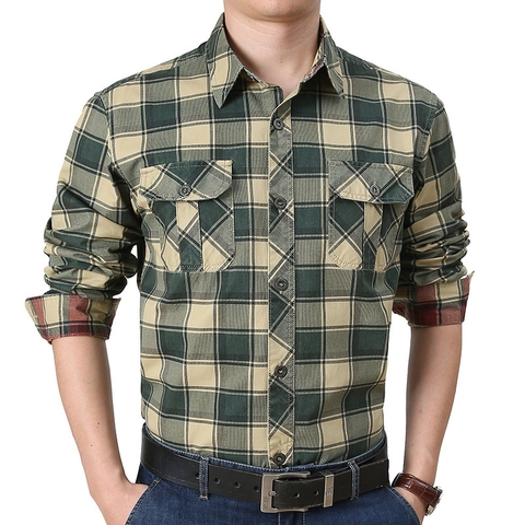 Chemise à Carreaux à Manches Longues Décontractée pour Hommes Mélange de Coton Style Workwear avec Doubles Poches Coupe Régulière