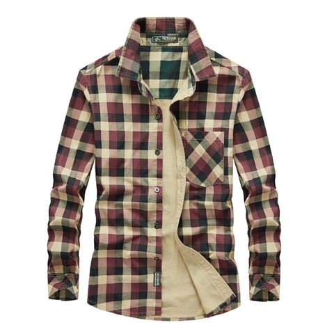 Men's Casual Cotton Plaid Long Sleeve Shirt Loose Fit Turn-down Collar Button Down Workwear Top With Pocket For Autumn