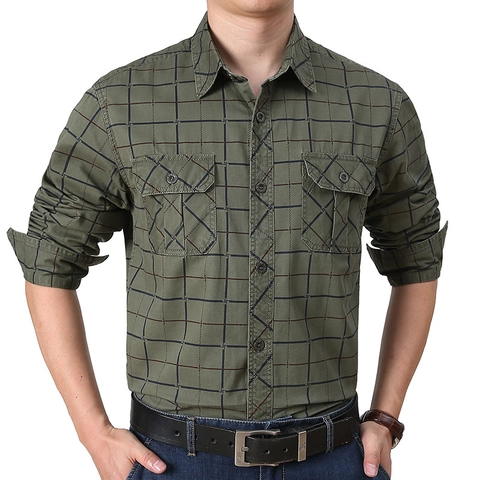 Camicia a Quadri in Cotone Casual da Uomo Manica Lunga Vestibilità Larga All'aperto Workwear Con Doppie Tasche Colletto Top