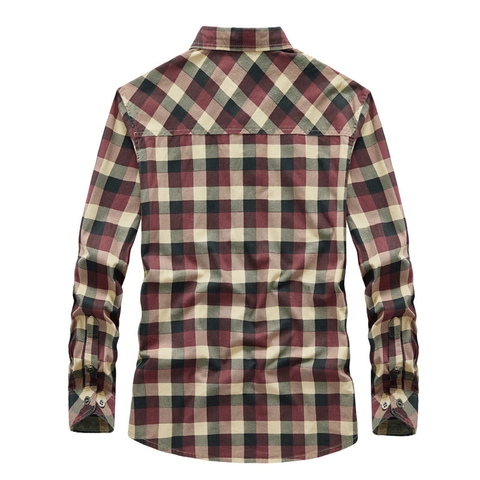 Men's Casual Cotton Plaid Long Sleeve Shirt Loose Fit Turn-down Collar Button Down Workwear Top With Pocket For Autumn
