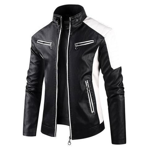 Veste en Cuir PU Urban Rock pour Hommes Col Montant Bloc de Couleur Fermeture Éclair Veste de Motard avec Doublure en Polyester