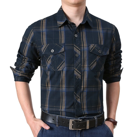 Maglia da Uomo Casual a Maniche Lunghe a Quadri in Puro Cotone con Bottoni Colletto Rovesciato Tasche sul Petto Classica a Quadri