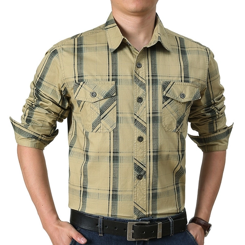 Maglia da Uomo Casual a Maniche Lunghe a Quadri in Puro Cotone con Bottoni Colletto Rovesciato Tasche sul Petto Classica a Quadri